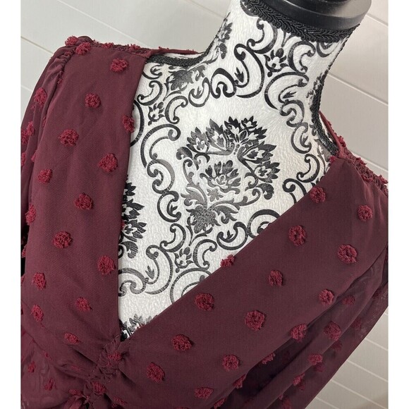 She + Sky Boho Blouse Womens Medium Burgundy Puff Sleeve Ruched Swiss Dot* Flaw - Picture 3 of 14